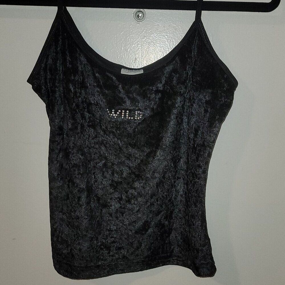 Y2K Black Crushed Velvet Cami Tank Top Sz M Grommet “WILD” Graphic 90s 2000s